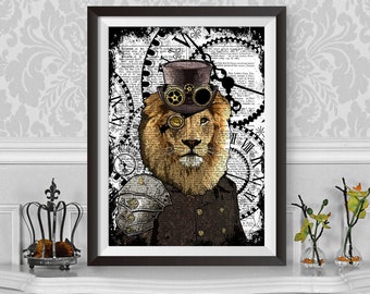 Póster de león con impresión Steampunk, decoración del hogar, diccionario de animales, arte de fondo