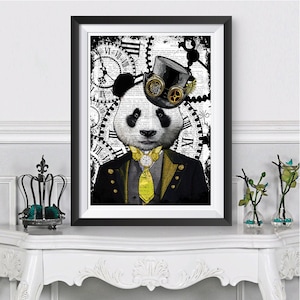 Panda poster Dictionary print, Wall Decor print Steampunk. Animal print