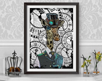 Giraffe  print, Steampunk Giraffe with dictionary art background, Animal print Wall Decor