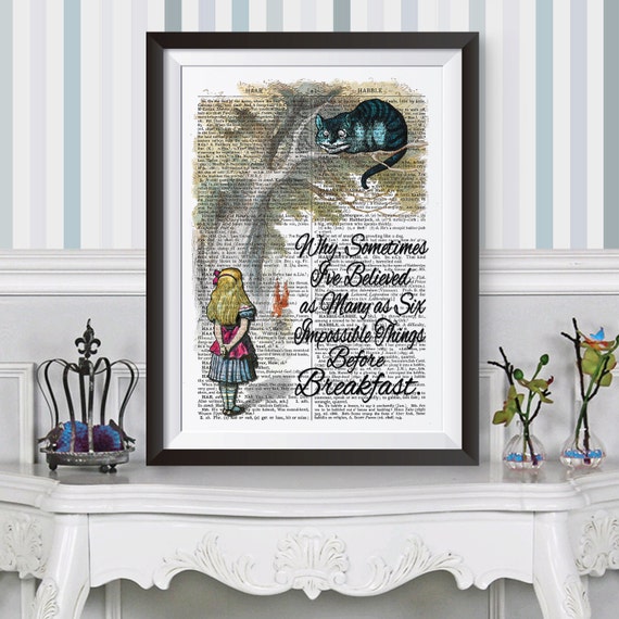 Poster Dictionary Book Page Background Alice in Wonderland and Cheshire Cat  Quote. Wall Decor Poster Print Book Page Art. 
