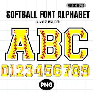 Softball font, Softball Numbers, Softball Stitch, Softball font png, Softball Themed Numbers, Softball Alphabet PNG Design Digital Download