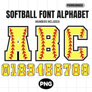 Softball font, Softball Numbers, Softball Stitch, Softball font png, Softball Themed Numbers, Softball Alphabet PNG Design Digital Download