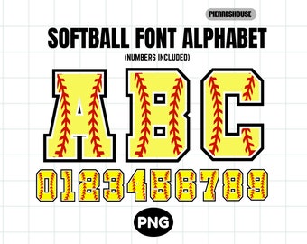 Softball font, Softball Numbers, Softball Stitch, Softball font png, Softball Themed Numbers, Softball Alphabet PNG Design Digital Download