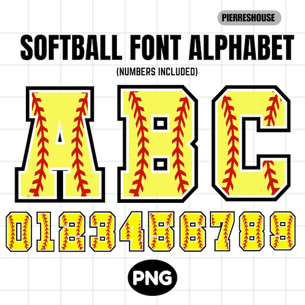 Softball font, Softball Numbers, Softball Stitch, Softball font png, Softball Themed Numbers, Softball Alphabet PNG Design Digital Download