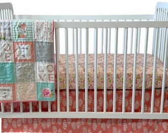 Woodlands Crib Bedding, Coral and Mint Nursery Decor, Handmade Baby Quilt