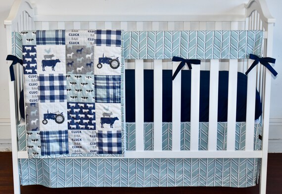 Buffalo Check Personalized 3 Piece Bedding Set Buffalo Plaid Nursery Bedding Navy Blue and Dusty Blue Farm Life Quilt Horses Tractors Baby Boy Cows