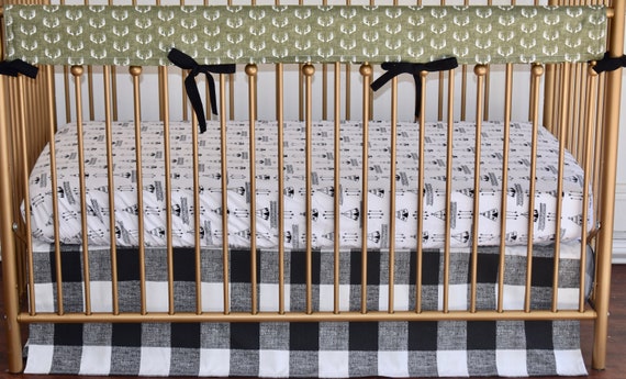 Green And Black Crib Bedding Buffalo Plaid Deer Antlers Etsy