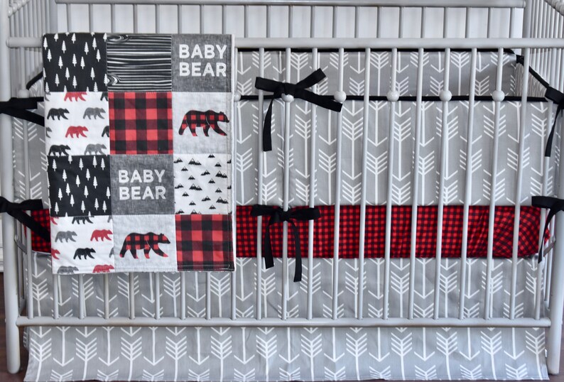 Grey Arrows Crib Bedding Buffalo Plaid Bear Mountains Etsy