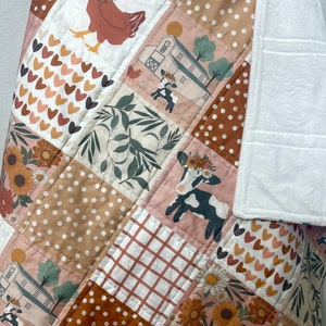 baby girl quilt, farm theme nursery, cow , barn, floral,  handmade baby blanket, baby shower gift, nursery decor, crib bedding
