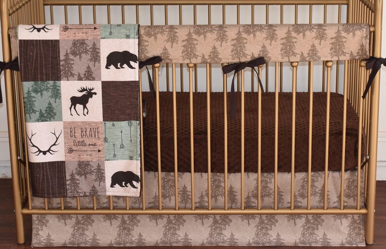 Brown And Green Crib Bedding Minky Antlers Moose Bark Etsy