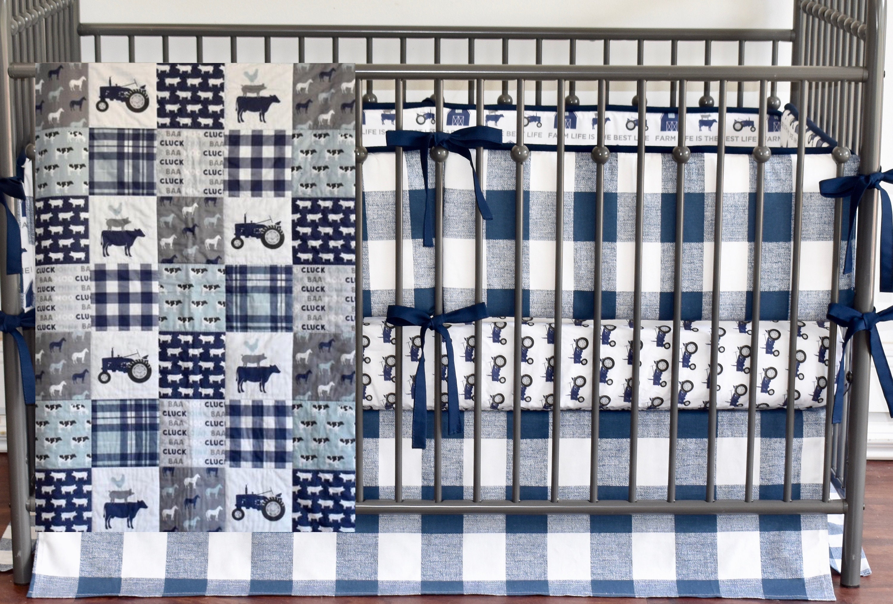 Buffalo Check Personalized 3 Piece Bedding Set Buffalo Plaid Nursery Bedding Navy Blue and Dusty Blue Farm Life Quilt Horses Tractors Baby Boy Cows