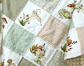 baby boy quilt, dragons theme nursery, clouds,  handmade baby blanket, baby shower gift, olive green and beige