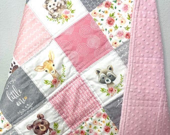 baby girl quilt, woodland quilt, woodland nursery,  handmade baby blanket, baby shower gift, nursery decor, crib bedding, handmade quilt