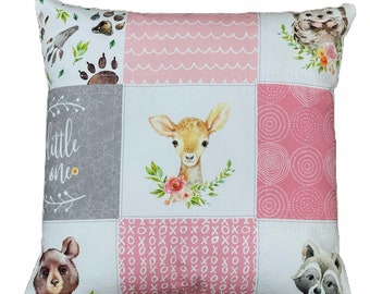 Woodland theme pillow, kids room , nursery, pink and gray pillow , deer, bear
