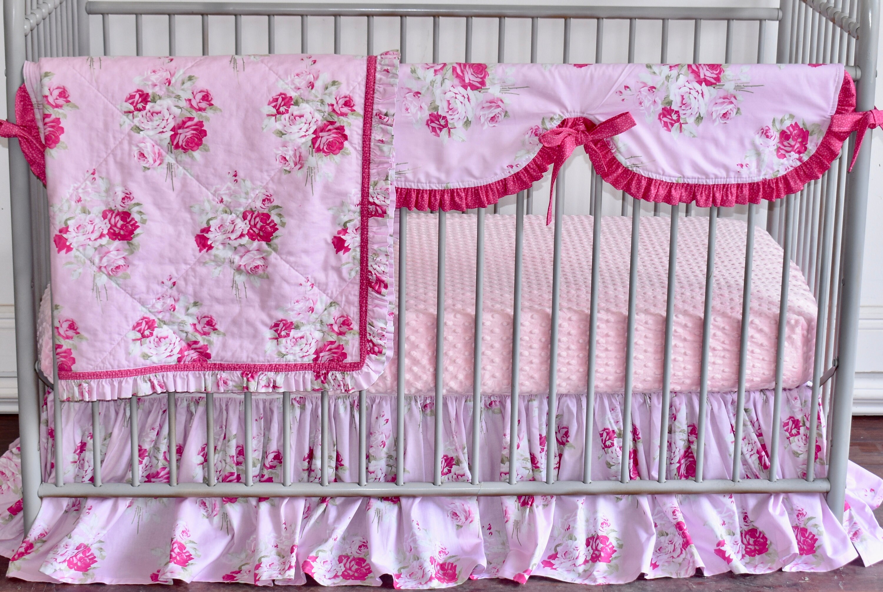 Pink roses crib bedding roses baby quilt quilt with ruffle Etsy