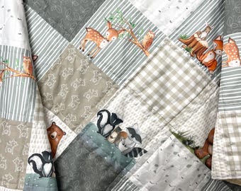 Handmade Woodland Baby Quilt, Organic Cotton Sateen, Eucalyptus Green