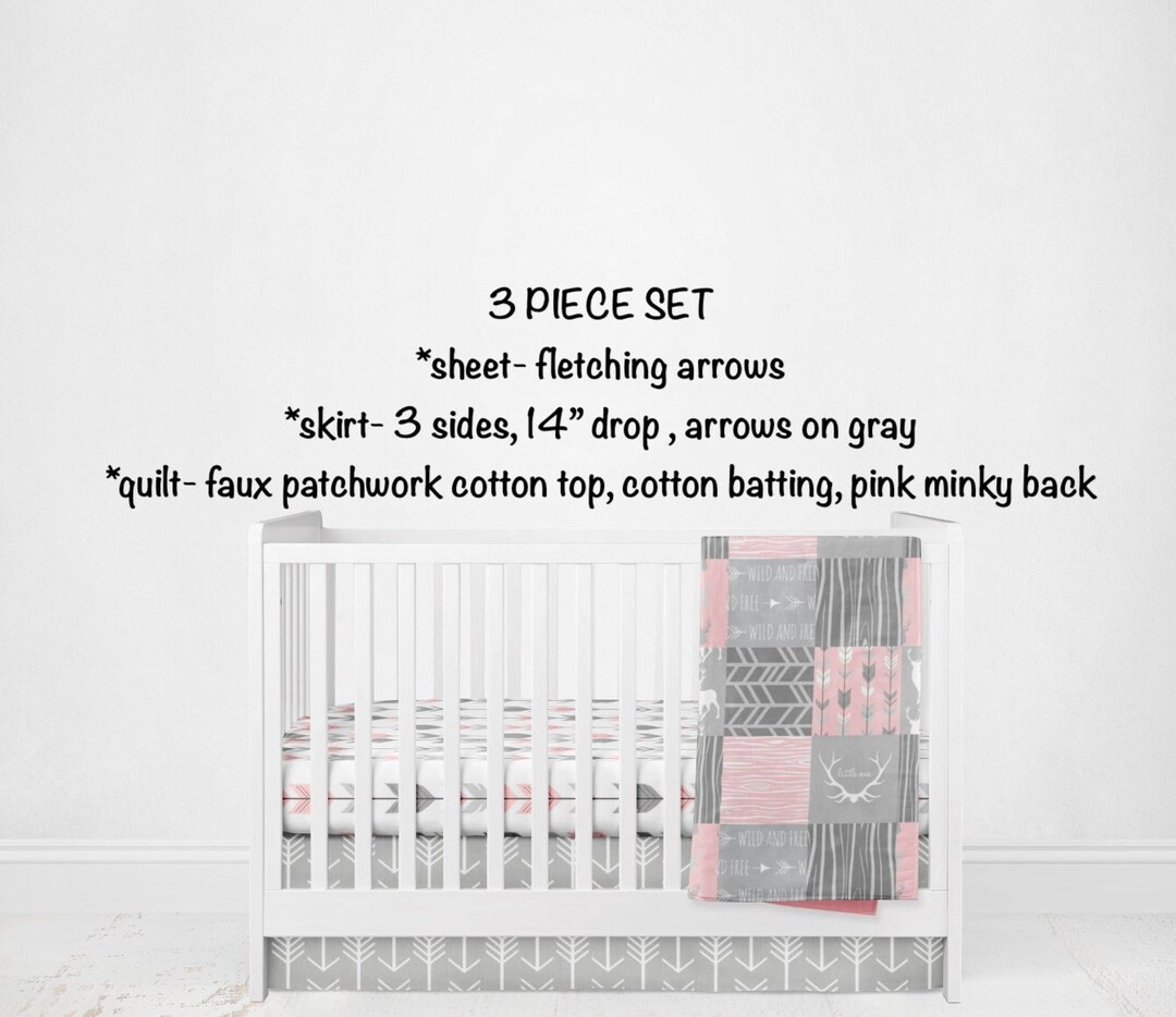 Deer Crib Bedding, Pink Gray Bedding, Arrows, Woodland, Antlers, Girl