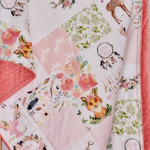 Baby Girl quilt, woodland theme quilt, handmade baby blanket, baby shower gift, nursery decor, crib bedding, handmade quilt