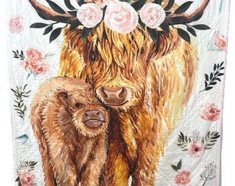 baby girl quilt, highland cow theme nursery, farm handmade baby blanket, baby shower gift, nursery decor, crib bedding, handmade quilt