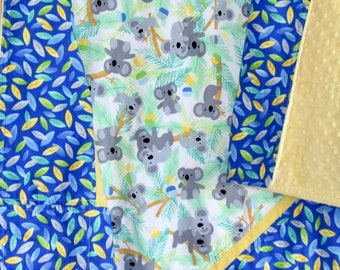 koala theme quilt, blue and yellow quilt, handmade baby blanket, baby shower gift, nursery decor, crib bedding, handmade quilt