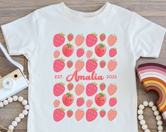 Erdbeeren, Personalisiertes Kinder Geburtstags T-Shirt, Personalisiertes Kinder Shirt, Wunschname Kinder Tshirt,Bio Kinder Shirt,Geburtsjahr