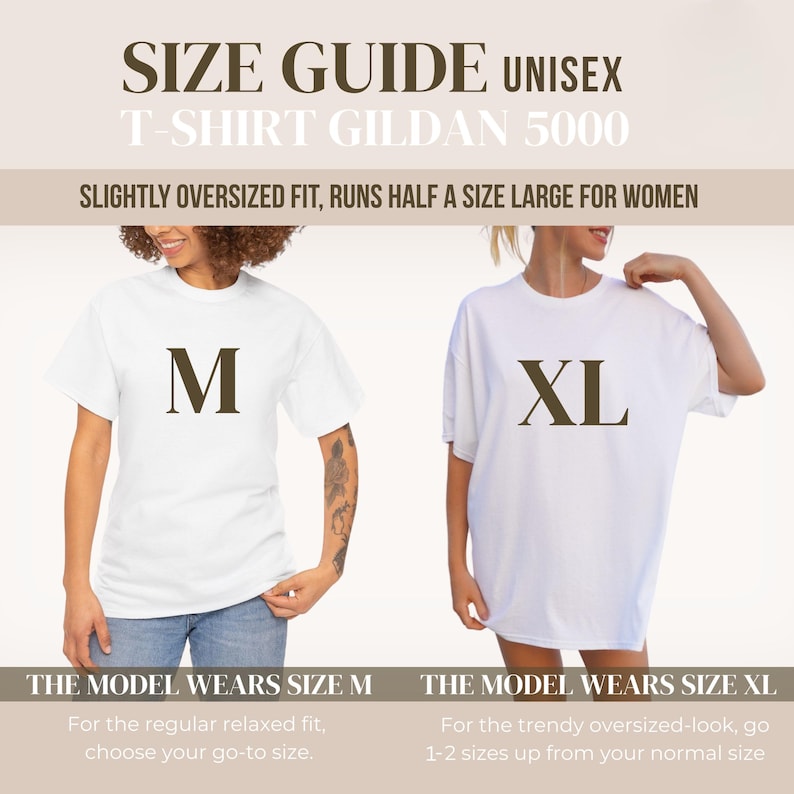May include: A size guide for a Gildan 5000 unisex t-shirt featuring two white t-shirts. The left shirt displays a large letter M, and the right shirt displays a large letter XL. Text includes SIZE GUIDE UNISEX T-SHIRT GILDAN 5000 and sizing advice.