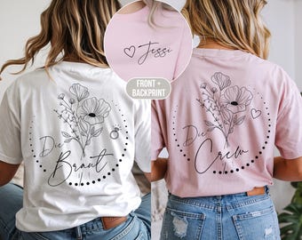 Personlig blommig t-shirt med möhippa för kvinnor, present till brudtärna, present till möhippa, blommig t-shirt med möhippa för brud