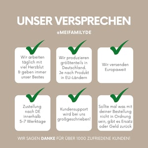 May include: A beige informational graphic titled UNSER VERSPRECHEN with the handle @MEIFAMILYDE. It features six white square boxes, each containing German text and a green checkmark, detailing company policies, production, and customer support.