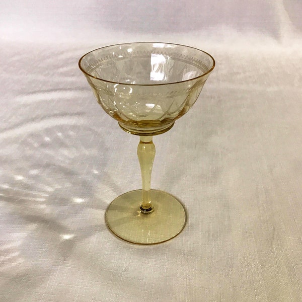 Tiffin Franciscan Crystal Champagne Stemware, Vintage Yellow Etched Tiffin Sherbet or Champagne Crystal Glasses