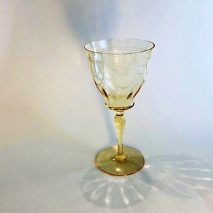 Tiffin Franciscan Crystal Goblet,  Vintage Elegant Yellow Etched Hand-Blown Tiffin Crystal Goblet