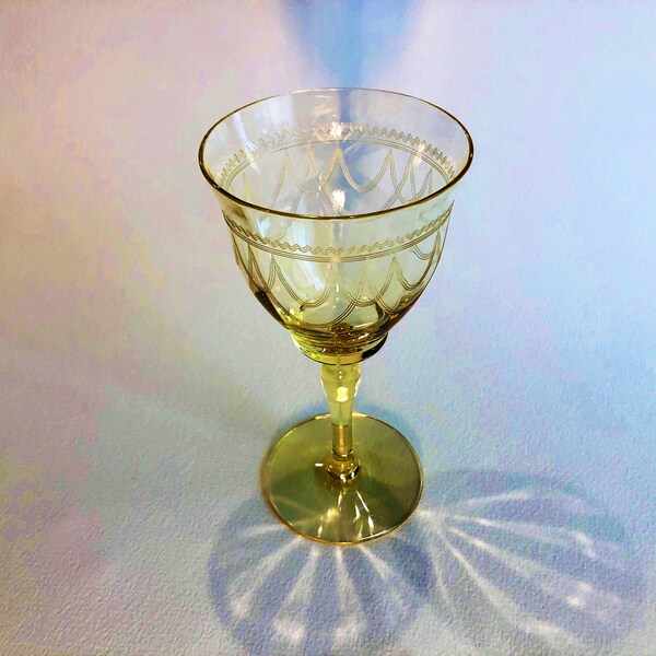 Tiffin Franciscan Claret Wine Crystal Stemware, Yellow Etched Tiffin Hand Blown Crystal Claret Stemware, Antique Glassware