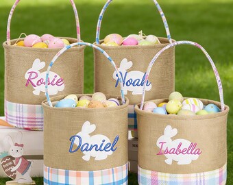 Bolsa de arpillera personalizada con diseño de conejito de Pascua, cesta infantil para la búsqueda de huevos