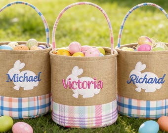 Bolsa de Pascua de arpillera personalizada, bolsa de conejito de Pascua personalizada con nombre, bolsas de búsqueda de huevos para niños, canasta de Pascua, bolsas de regalo de Pascua
