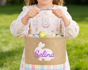 Canasta de Pascua personalizada, bolsa de conejito bordada, búsqueda de huevos para niños