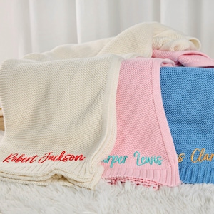 Personalized Baby Blanket with Name, Custom Knit Baby Blanket, Embroidered Name Blanket, Soft Cotton Baby Blanket, Baby Shower Gift