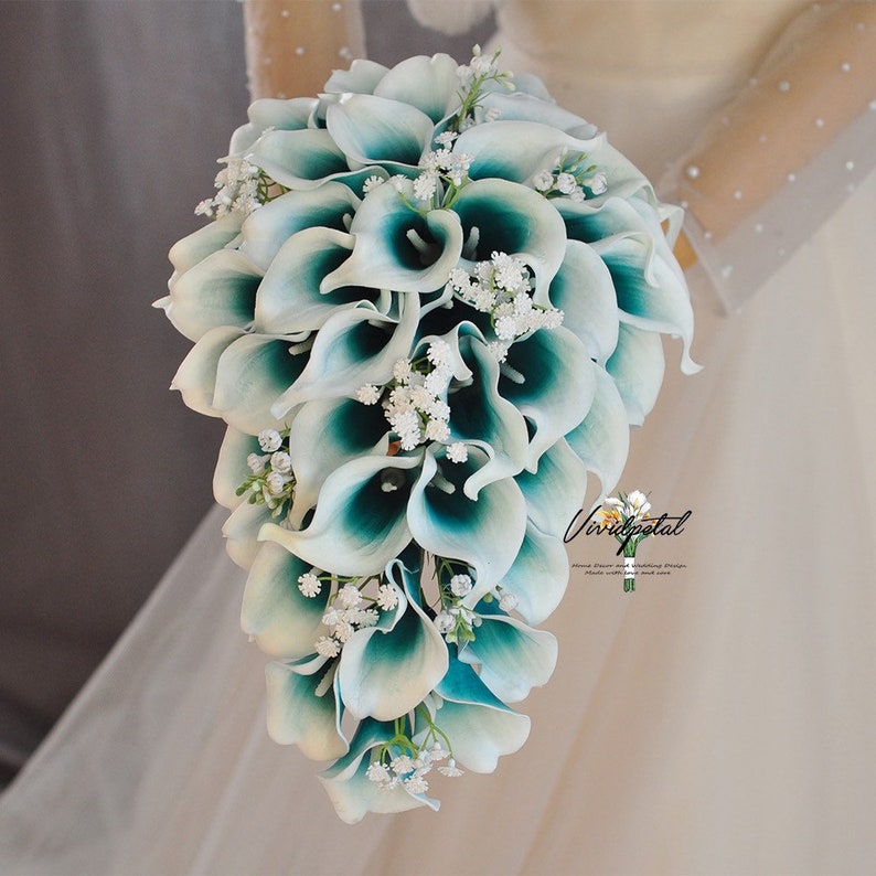 Cascading Wedding Bouquet white teal Picasso Calla Lily Bridal Bouquet Bridesmaid Bouquet Groom Groomsman wedding package