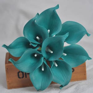 Real Touch Solid Teal Calla Lilies for Bridal Bouquets, Wedding Centerpieces, Home Decorations, Boutonnieres, Corsage Faux Callas