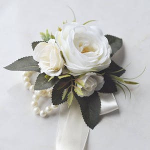 Wrist Corsage Choose Ribbon Colors Mother's Corsage Pearl Corsage Ivory White Rose Rustic Wedding Corsage,can do Customized exclusive Ribbon