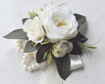 Wrist Corsage Choose Ribbon Colors Mother's Corsage Pearl Corsage Ivory White Rose Rustic Wedding Corsage