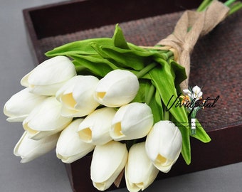 White Tulip Real Touch Tulip Bouquet , Small white tulip Bouquet ,  True Touch Tulips,Bridesmaid Real Touch Flower 12 pcs