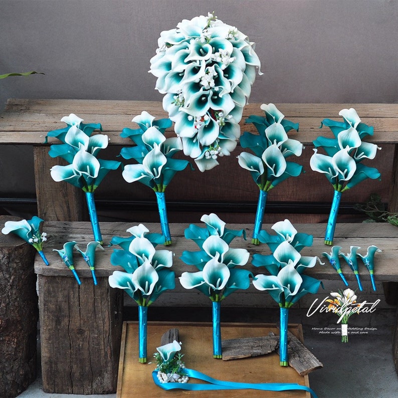 Cascading Wedding Bouquet white teal Picasso Calla Lily Bridal Bouquet Bridesmaid Bouquet Groom Groomsman wedding package