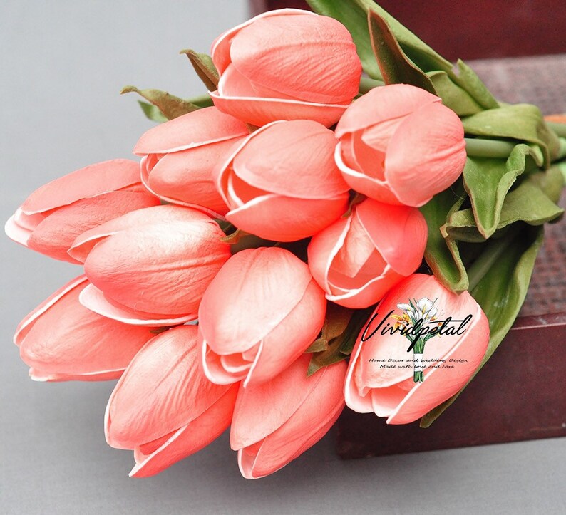 Royal Coral Color Tulip Real Touch Tulip Bouquet Small Coral Etsy
