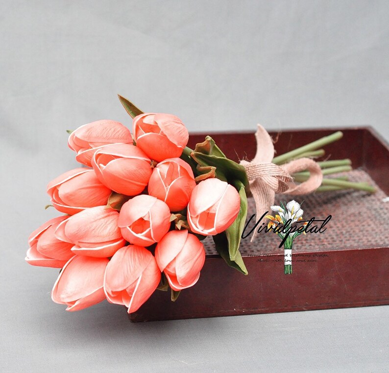 Royal Coral Color Tulip Real Touch Tulip Bouquet Small Coral Etsy