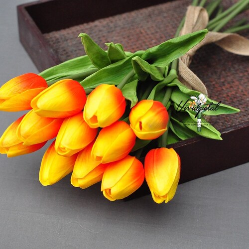 Yellow Orange Tulip Real Touch Tulip Bouquet Small Yellow Etsy
