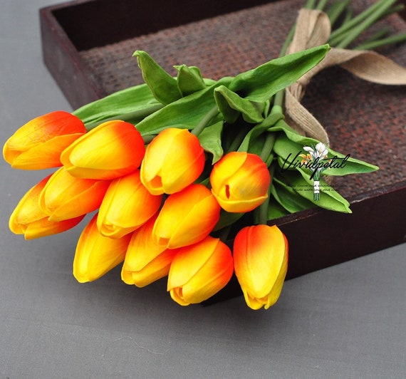 Tulipán amarillo naranja Real Touch Tulip Bouquet Pequeño - Etsy México