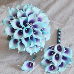 Wedding Bouquet Purple Turquoise Blue Picasso Calla Lily Bridal Bouquet Bridesmaid Bouquet Groom Groomsman Boutounniere wedding package