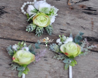 Wrist Corsage/Mother’s Corsage/Botanical Pearl Corsage/Light green white Rose Rustic Wedding Corsage