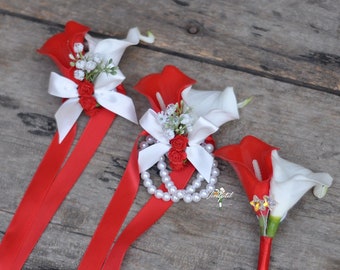 Real touch scarlet red calla lily corsage/mother corsage/bridesmaids corsage/groomsmen Boutonnière/bridegroom Boutonnière/wedding pin