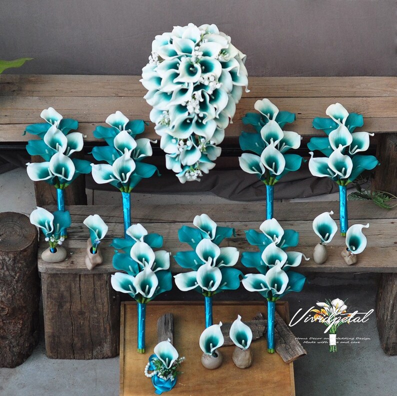 Cascading Wedding Bouquet white teal Picasso Calla Lily Bridal Bouquet Bridesmaid Bouquet Groom Groomsman wedding package