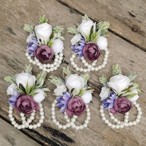 Wrist Corsage Mother's Corsage Botanical Pearl Corsage rustic purple  Ranunculus white rose Rustic Wedding Corsage